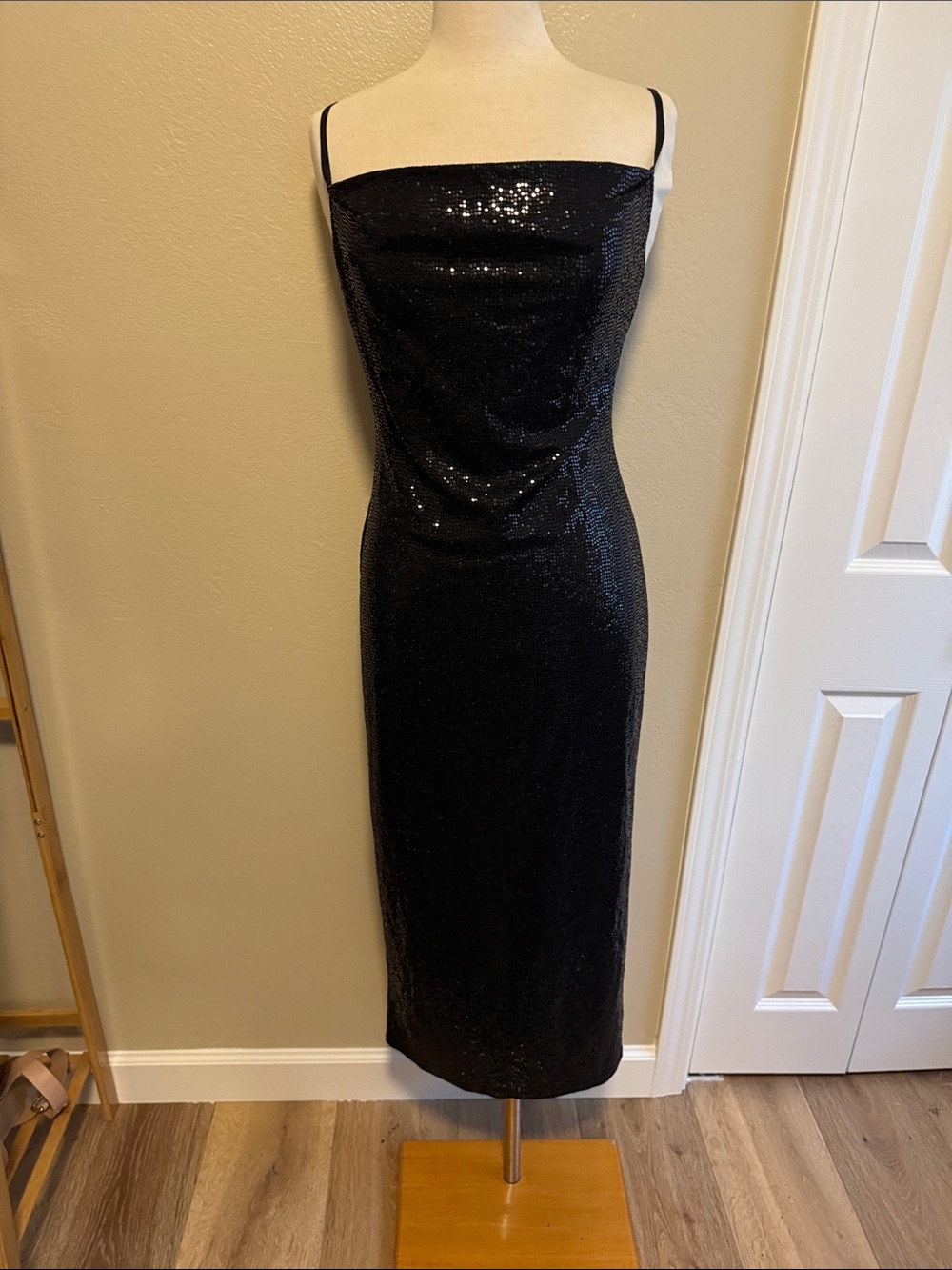 Vintage Bebe Black Sequin Slip Midi Dress - Elegant Evening Wear